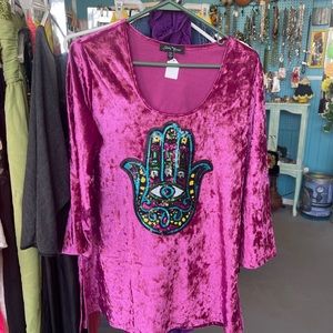 Pink Velvet top with hamsa sequence patch
